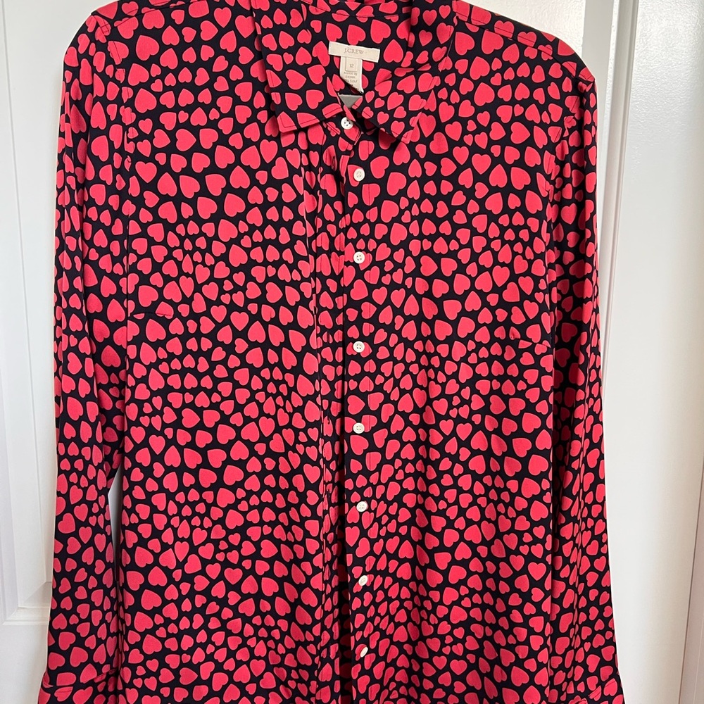J. Crew Black and Red Heart Silk Shirt